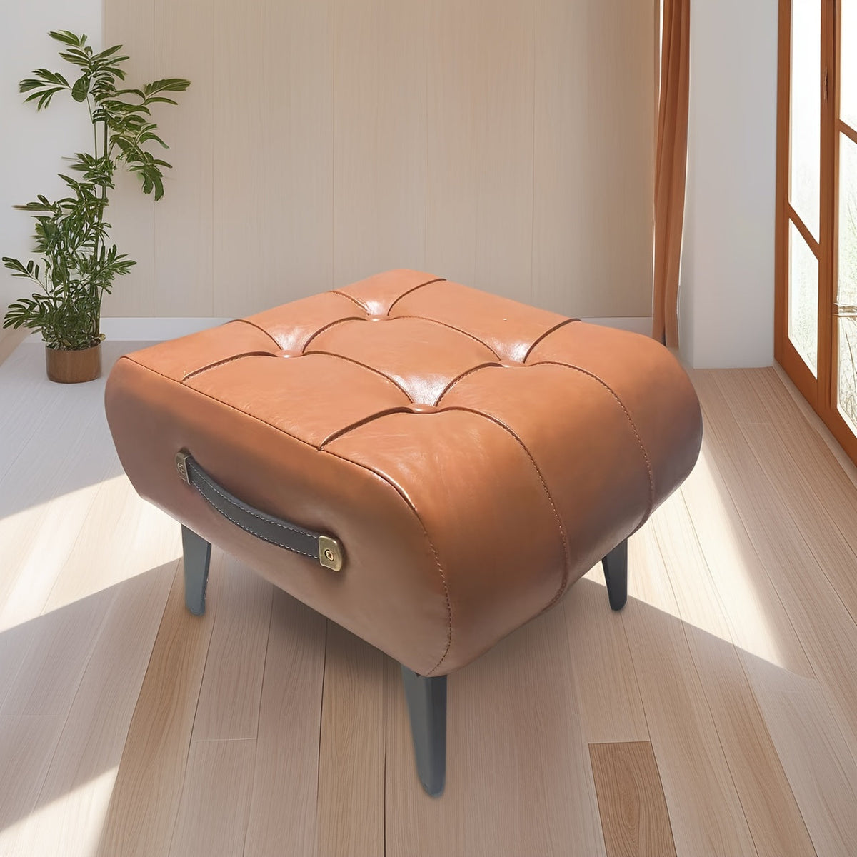 [Llevá 2 Pagá 1] Banqueta de Cuero Legítimo Acolchonada con Patas de Madera y Asa Lateral