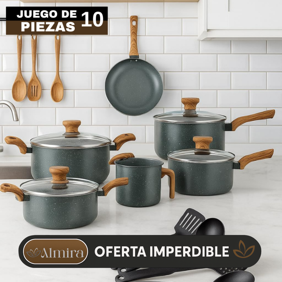 Conjunto Completo de 10 Piezas en Acero Inoxidable con Revestimiento de Cerámica y Mangos de Madera